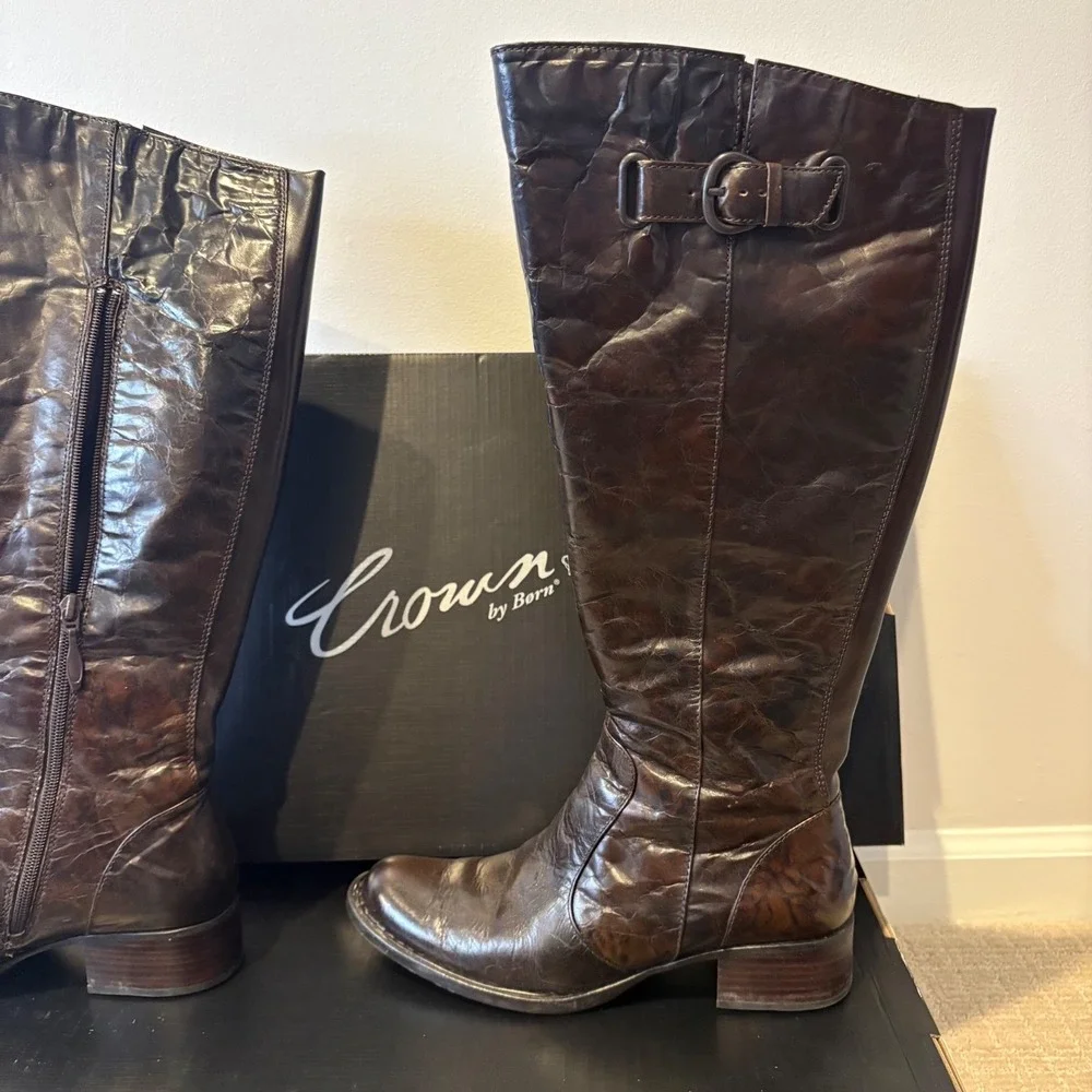 Crown by Born Roxie Tan Burnished Wide Calf Leather‎ Knee High Boots Size 7.5 M